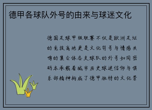 德甲各球队外号的由来与球迷文化